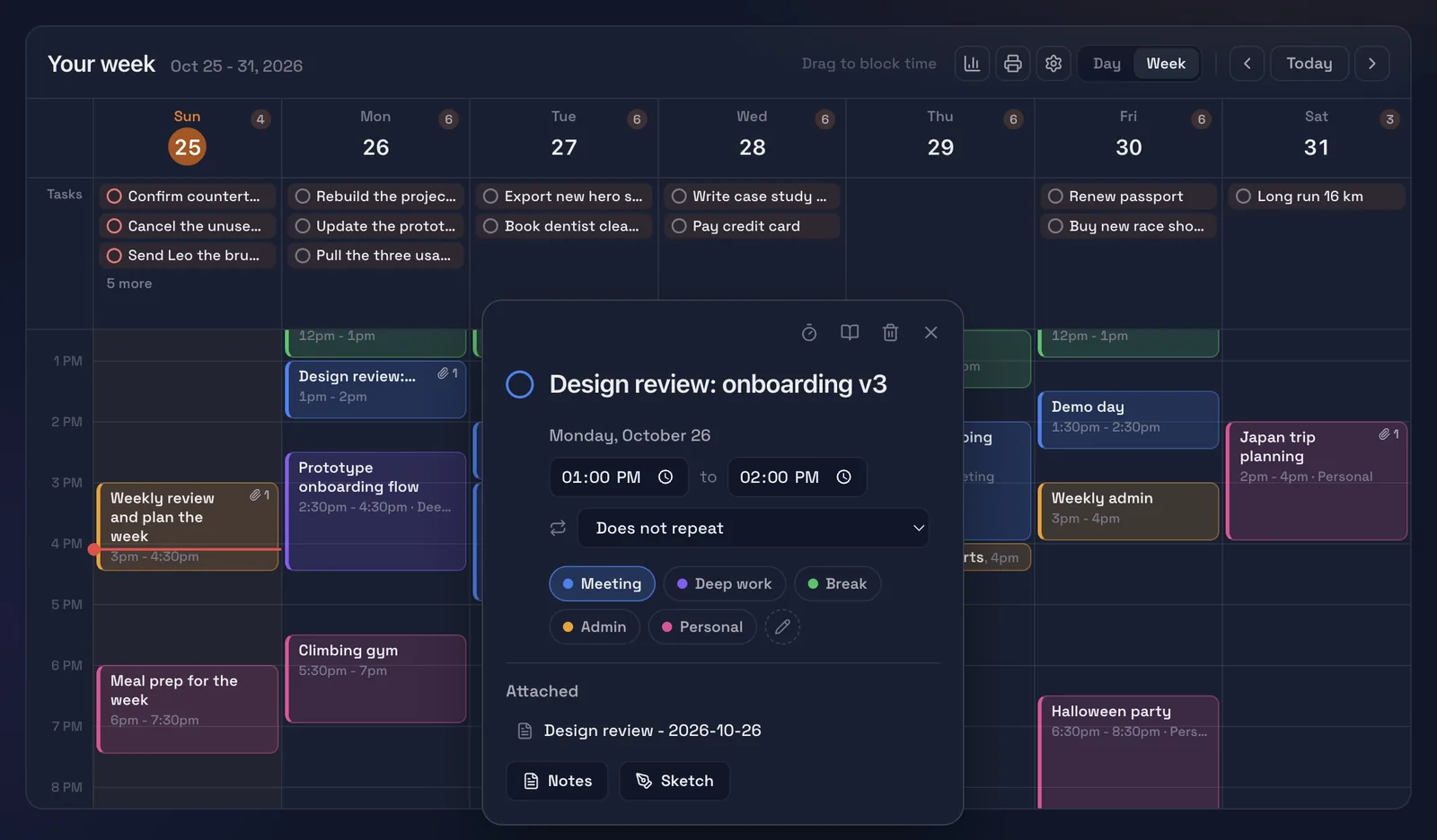 Ariv’s week planner with standups, deep work, lunch and personal blocks, and a block named Design review: onboarding v3 open with its time, type and an attached note