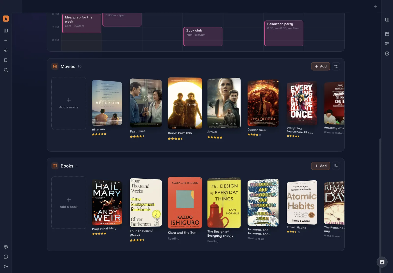 Ariv’s Today dashboard with this week’s plan above Movies and Books collections