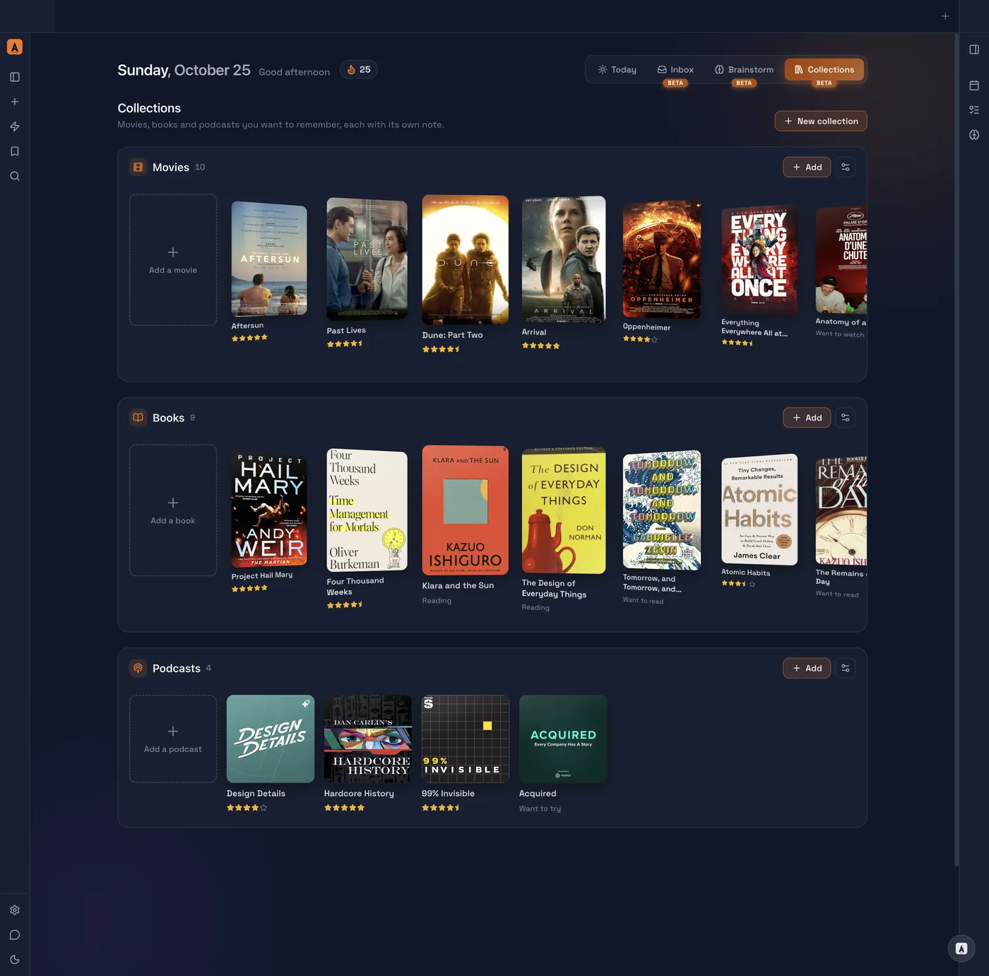 Ariv’s Collections tab with shelves of movies, books and podcasts, each with its cover and star rating