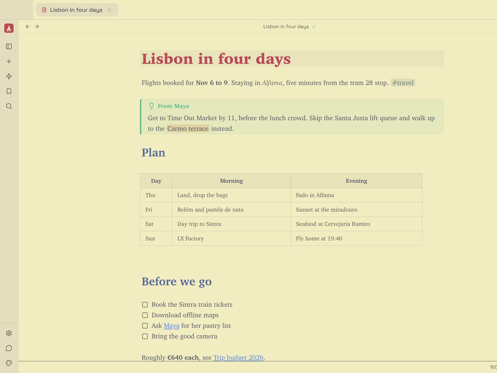 An Ariv note called Lisbon in four days, with bold dates, a tip callout from a friend, a table of mornings and evenings for each day, and a checklist of things to do before the trip