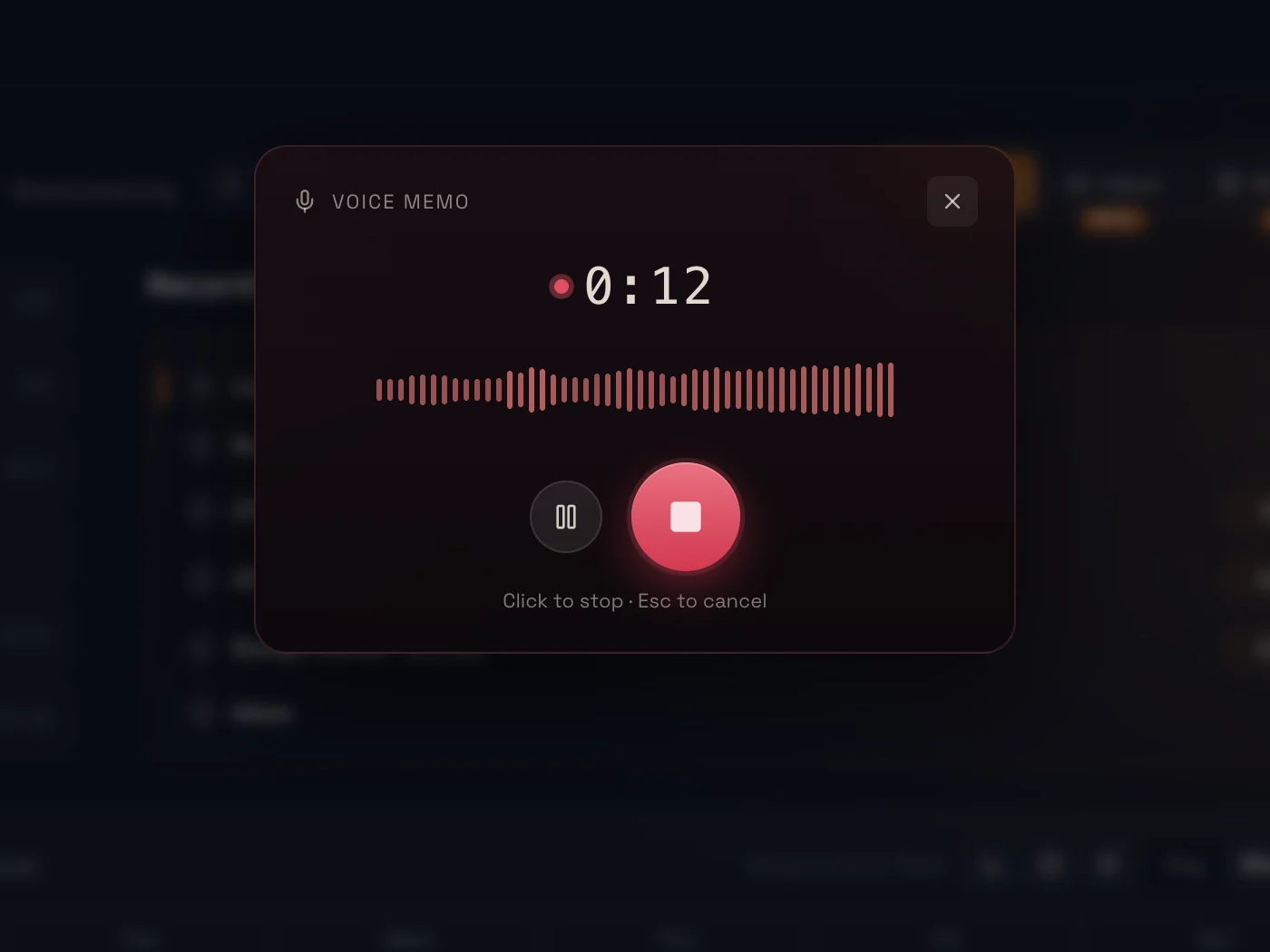 Ariv’s voice memo recorder twelve seconds into a recording, with a live waveform, a pause button and a stop button