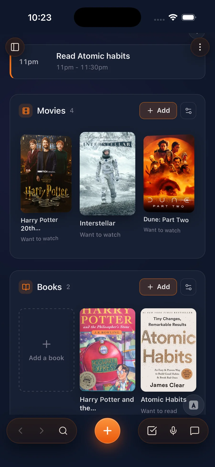 Ariv on iPhone: Movies and Books collections with covers and want-to-watch status, above the capture bar for search, a new note, tasks and voice