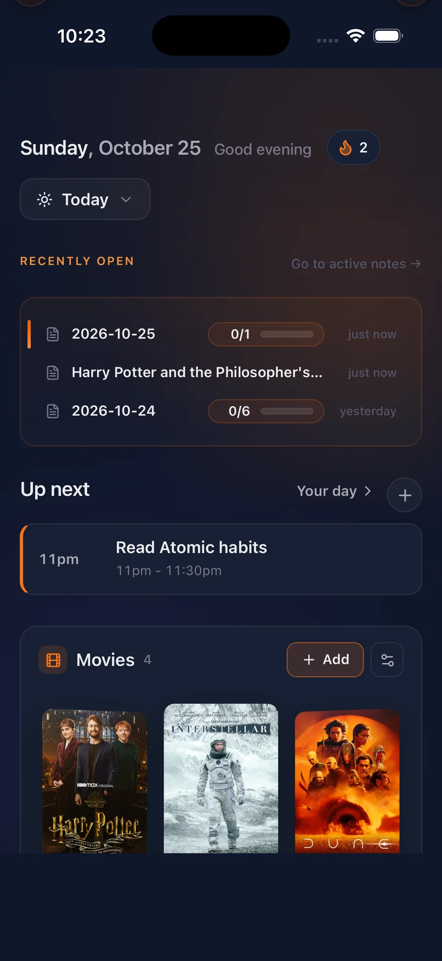 Ariv on iPhone: Sunday’s Today screen with a 2-day streak, recently opened notes, Read Atomic Habits up next at 11pm, and a Movies collection