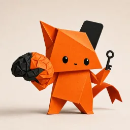 Riv holding a folded-paper brain and a key