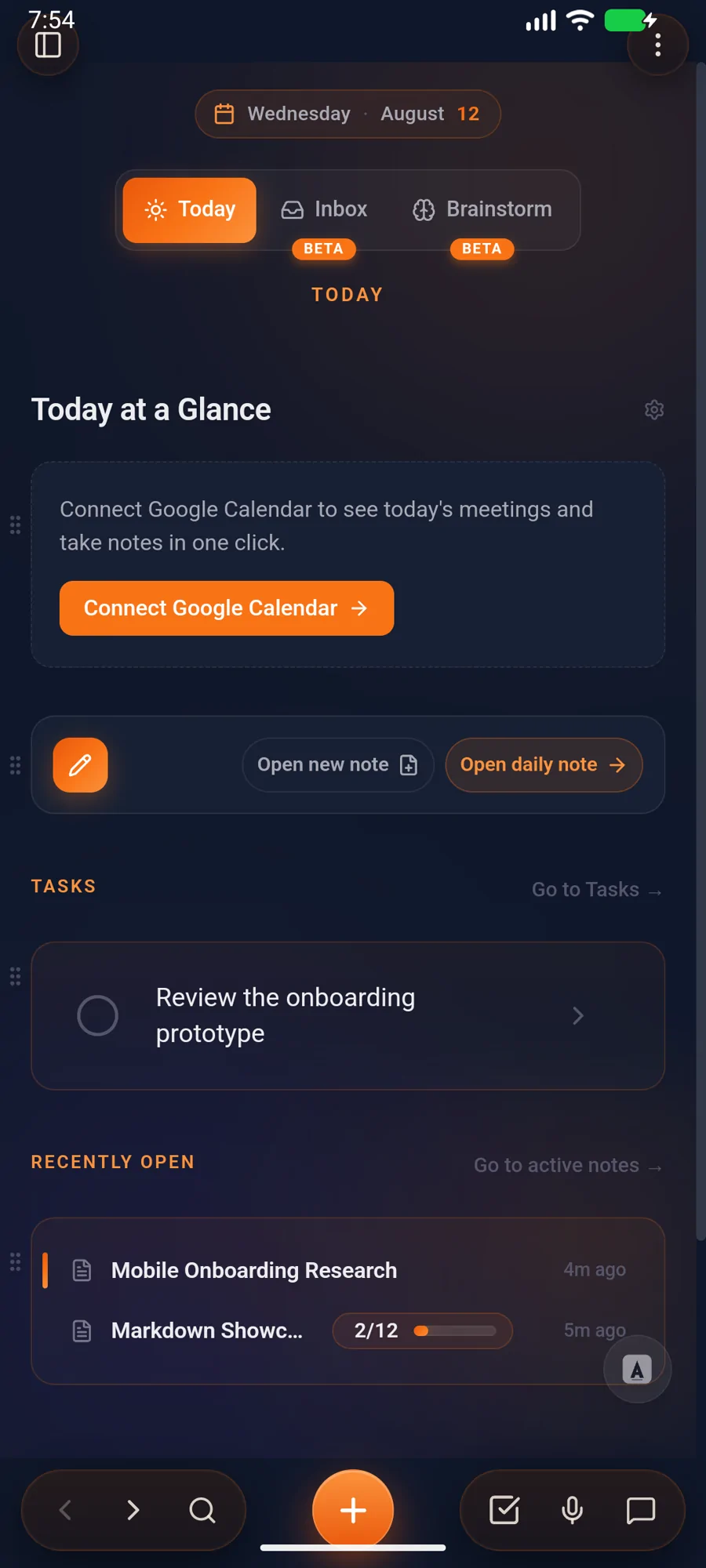 Ariv Android dashboard showing today's workspace, an onboarding prototype review task, and recently opened research notes