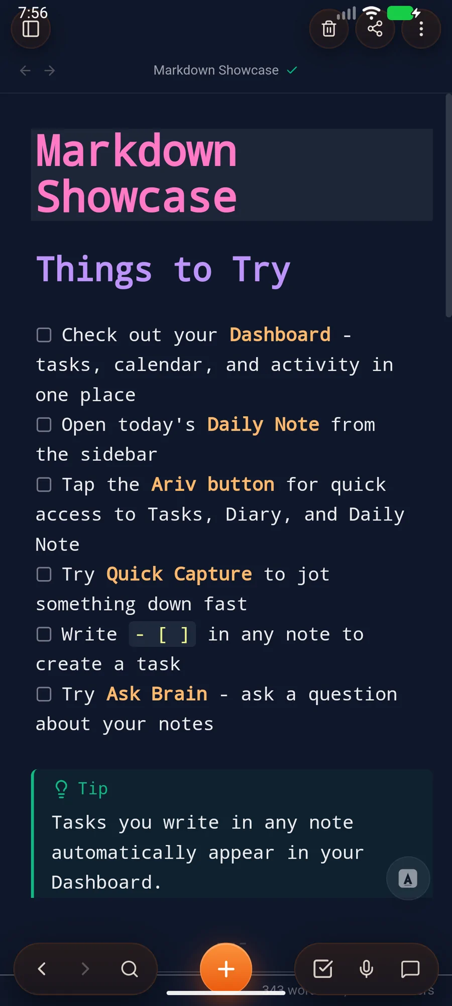 Ariv Android Markdown editor using the Dracula color theme with pink and purple headings, checklist items, bold text, inline code, and a tip callout