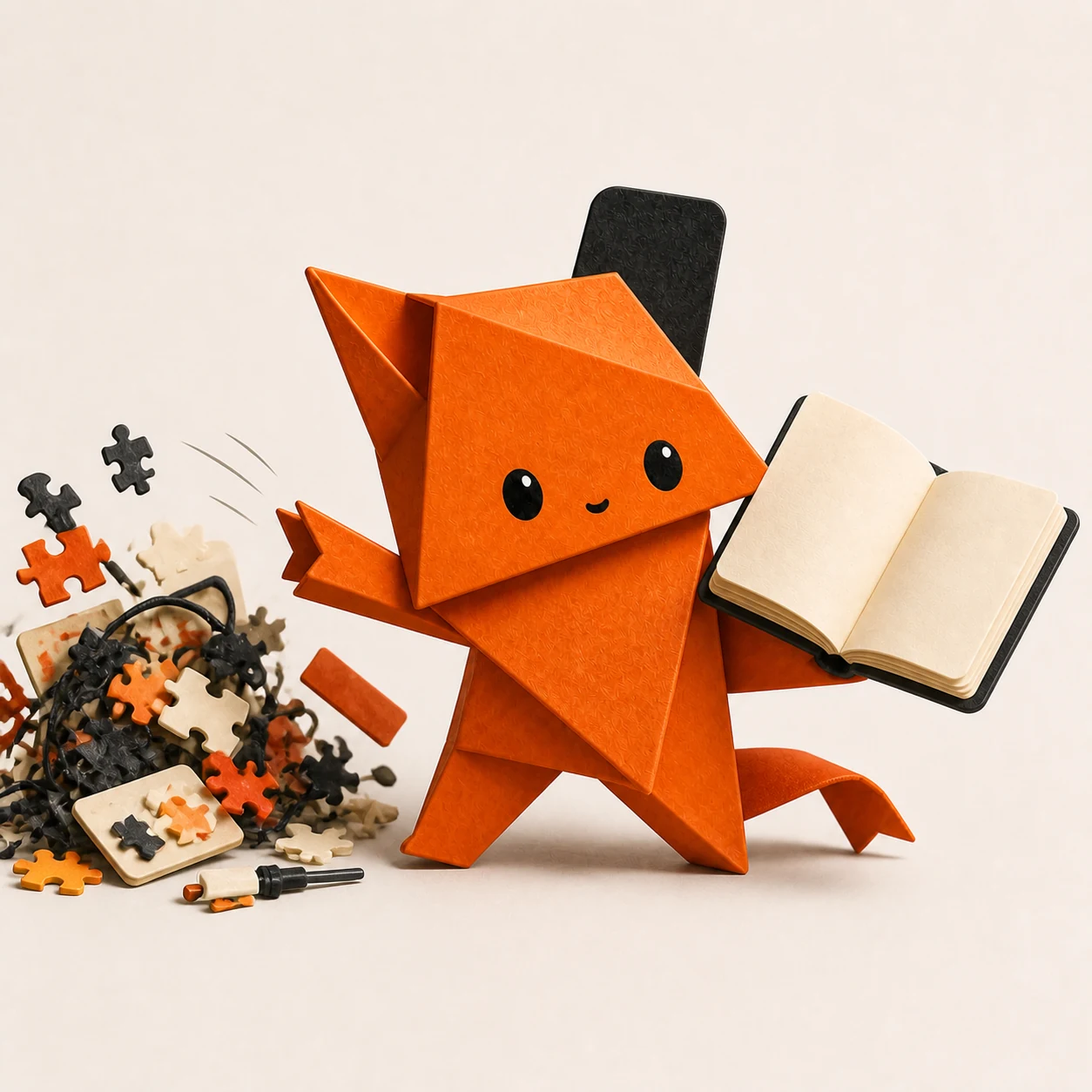 Riv holding an open notebook beside a spilled pile of puzzle pieces