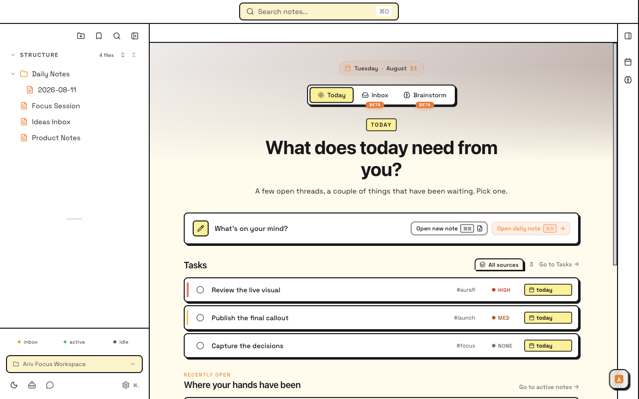 Ariv dashboard showing focused notes, open tasks, priorities, and recent work in a local Markdown workspace