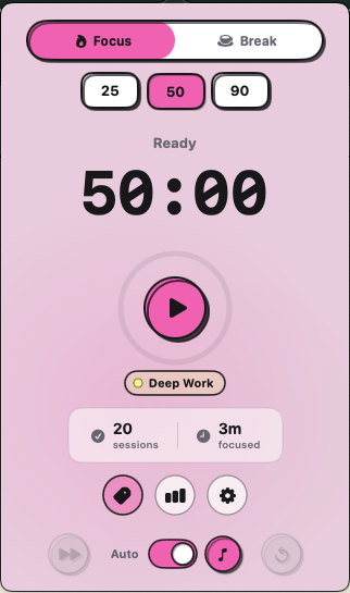 Adoro menu bar focus timer set to 50 minutes