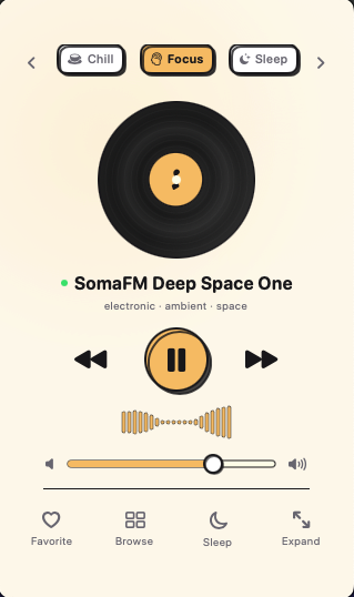 AuraFi compact menu bar player in Focus mood